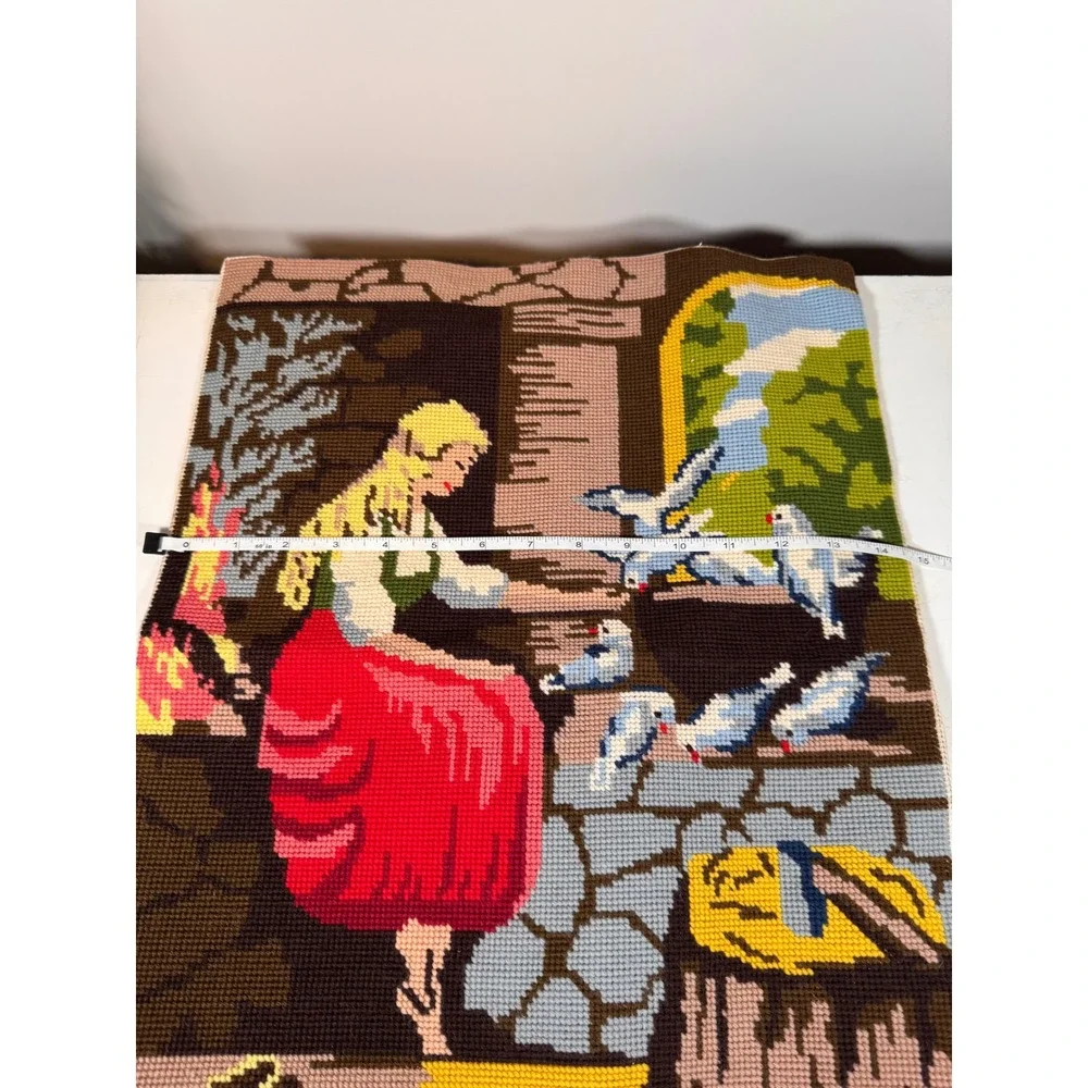 Vintage Finish Needlepoint Tapestry Woman Feeding Birds Finished Canvas 15x19